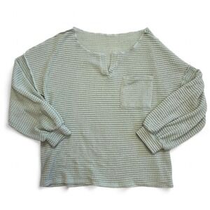 Green Long Sleeve Waffle Knit Shirt Womens Medium Cottage‎ Loungewear Preppy